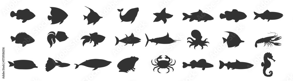 Fototapeta premium Sea animals and fish silhouette set. Marine creatures and underwater vector illustration on transparent background