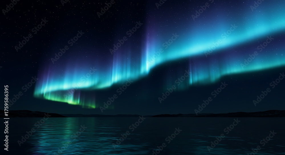 Naklejka premium Stunning aurora borealis displaying vibrant lights over still water at night