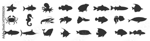 Sea animals and fish silhouette set. Marine creatures and underwater vector illustration on transparent background