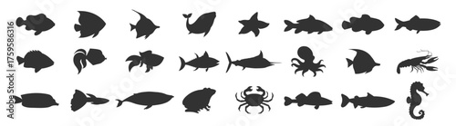 Sea animals and fish silhouette set. Marine creatures and underwater vector illustration on transparent background