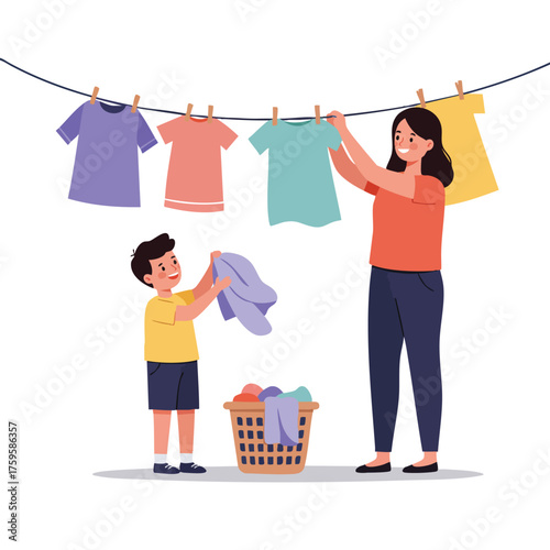 a boy helping his mom hang clothes on a clothesline, colorful clothes fluttering, smiling faces, laundry basket beside