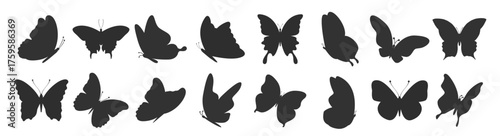 Butterfly silhouettes set. Various flying insect shapes with wings vector illustration on transparent background