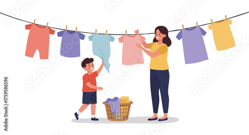 a boy helping his mom hang clothes on a clothesline, colorful clothes fluttering, smiling faces, laundry basket beside