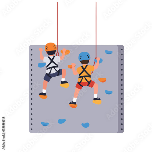 two kids climbing a small rock wall for children, wearing helmets and safety belts