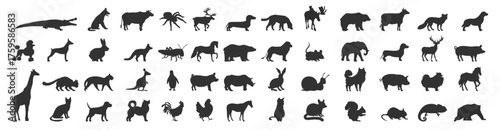 Animal silhouettes collection. Various wild and domestic species vector illustration on transparent background