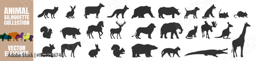 Animal silhouettes set. Various wild and domestic species vector illustration on transparent background