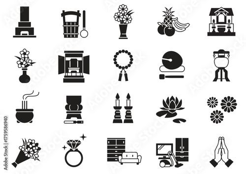 A collection of minimalist black and white icons depicting various holiday and celebration items, including a Christmas tree, presents, mistletoe, candles, ornaments, and other festive symbols.

