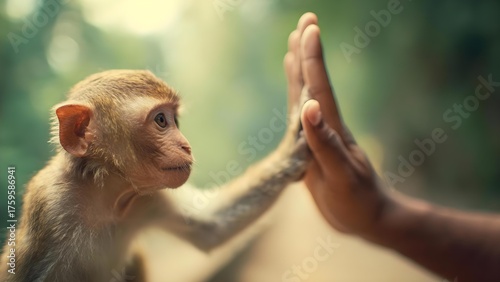 A young monkey giving a high-five to a human hand. Concept Playful animal-human interaction, Monkey high-five with a human hand, Curious young monkey, Friendly wildlife moment, Cute primate encounter