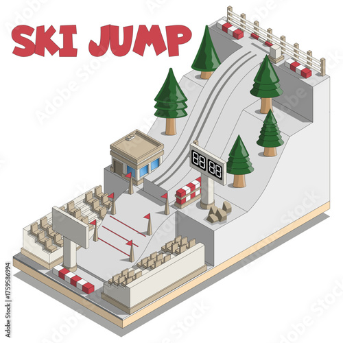 Ski jump. Isometric. Isolated on white background.Vector illustration.