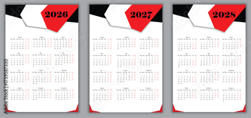 Calendar Design Set for 2026 2027 and 2028 Featuring Modern Geometric Shapes and Clean Layout for Office and Personal Planning Ready to Print Templates