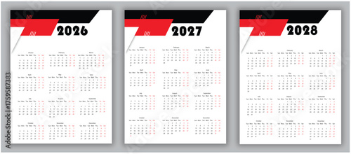 Calendar Template Set for Years 2026 2027 and 2028 with Modern Black and Red Design for Business and Personal Use Promoting Organization and Planning