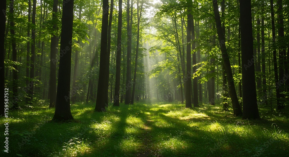 Fototapeta premium Sunlight streams through lush forest trees illuminating green foliage
