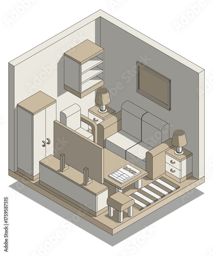 Living room interior. Isometric. Isolated on white background. Vector illustration.
