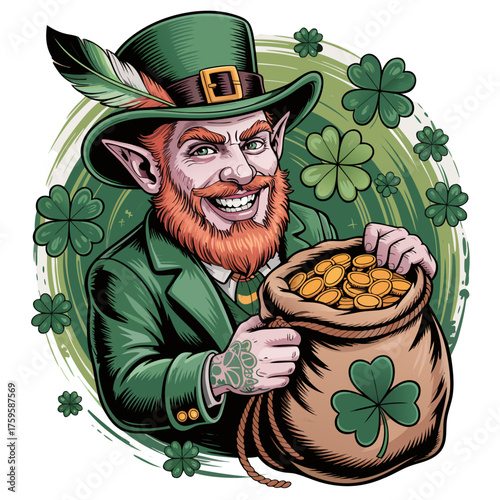 A stylized tattoo art illustration of a leprechaun
character in a green suit with a feathered hat