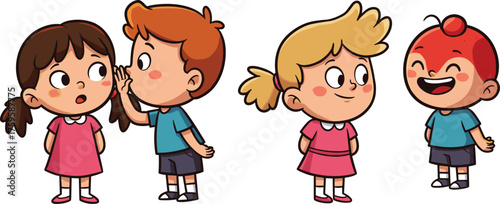 Cartoon children whispering and laughing, playful emotions, social interaction, secret sharing, humor, friendship, school kids, cute characters, vibrant scene