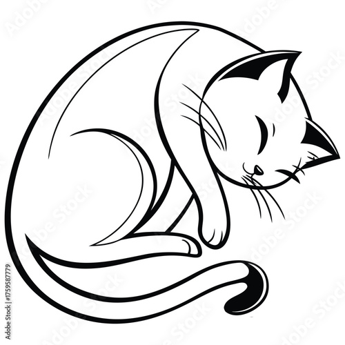 Cute Sleeping Cat in Black and White Minimalist Line Art Design for Print Media and Digital Applications Stock Illustration for Cat Lovers