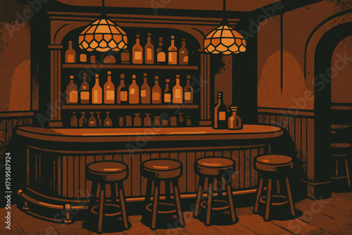 Illustration vector corner tones stools glowing bottles amber speakeasy bar lamp stained