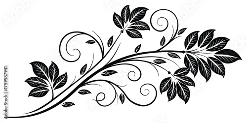 Elegant black and white floral vector design with graceful swirls and detailed leaves perfect for sophisticated invitations and artistic backgrounds