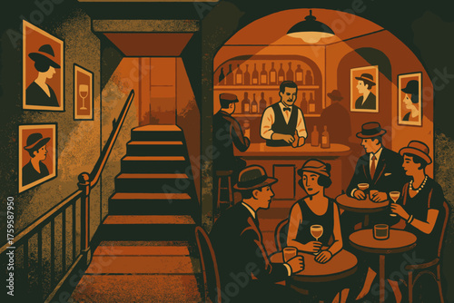 Illustration leading vibes tables speakeasy retro posters down wall bar lit vector