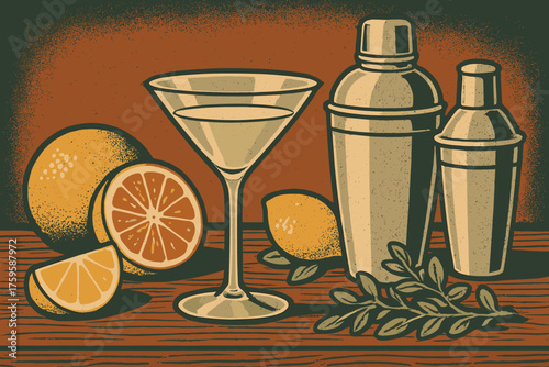 Speakeasy shakers vintage counter illustration slices neatly life arranged vector bar herbs