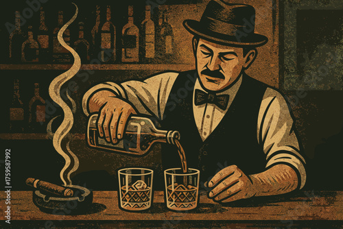 Scene ashtray vintage illustration cigar into pouring smoke vector from nearby speakeasy