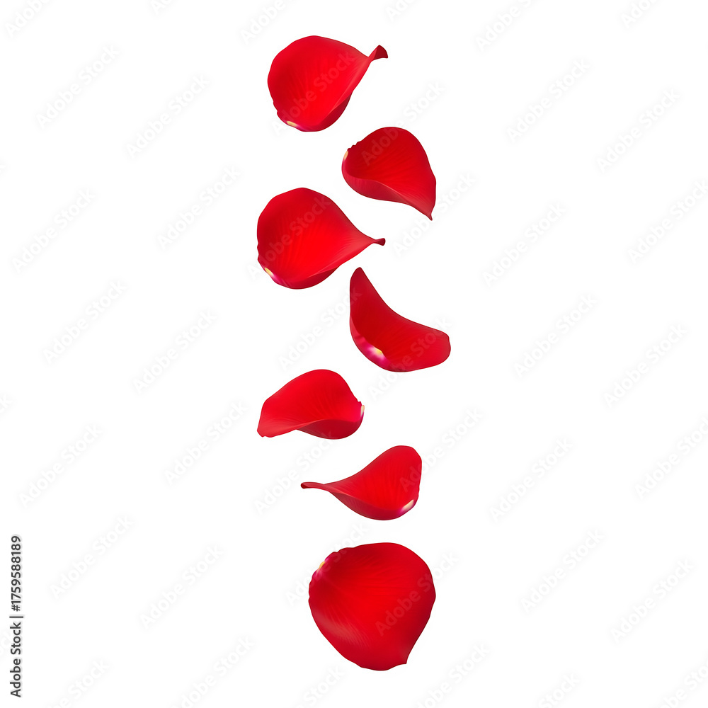 Fototapeta premium Falling red rose petals in soft vertical motion. Romantic, elegant, and perfect for Valentine’s, wedding, or love-themed designs. Isolated on white or transparent background. PNG format.