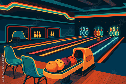 Alley vintage bright vector illustration bowling colors pins neon retro illuminated