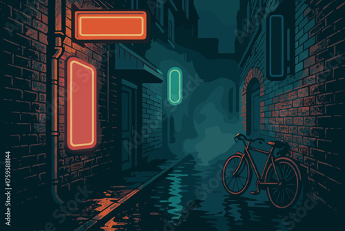 Vector brick bicycle illustration neon lights air wet against alley scene
