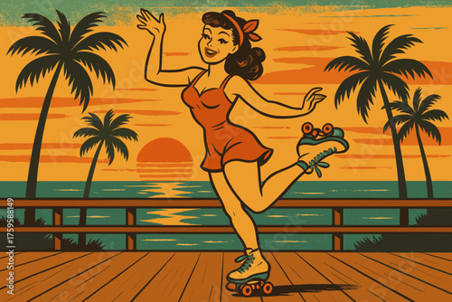 Striking trees pinup palm sunset vector roller illustration retro woman fun pose