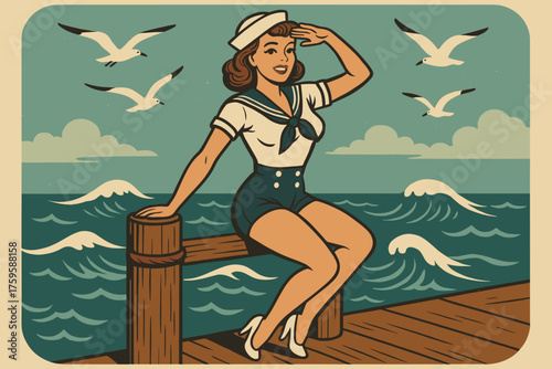 Pinup shading illustration vector seagulls her outfit ocean sailor background waves dock