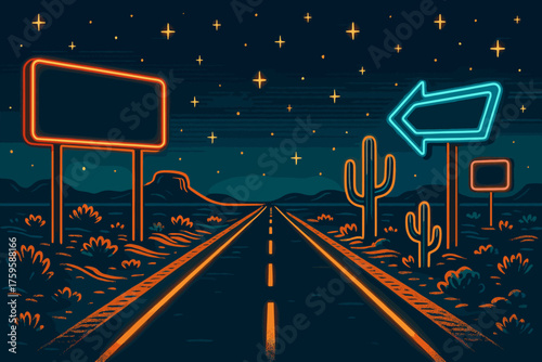 Scene neon to illustration desert stretching vector stars empty highway long