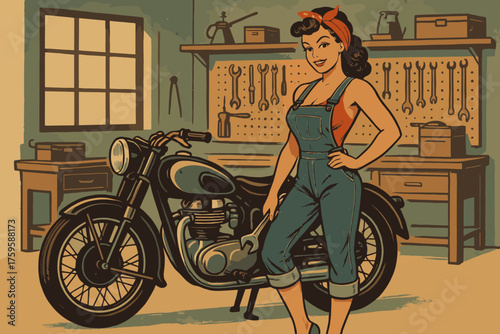 Next to workshop retro interior vector classic overalls wrench illustration woman motorcycle
