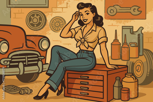 Shirt cans jeans illustration pinup woman surrounded chest vector vintage garage retro