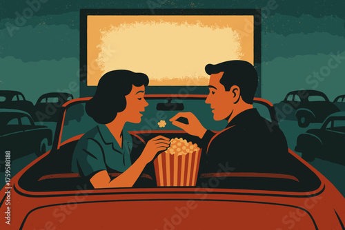 While couple retro sharing illustration night watching drive silhouettes vector screen popcorn