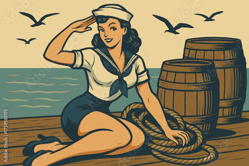 Sitting pier ropes illustration vector classic vintage pinup horizon sailor ocean behind