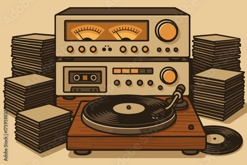 Stacks dials records amplifier cassette fi glowing retro hi vector illustration deck