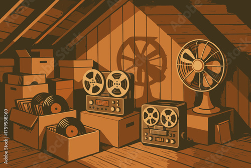 Vector treasures filled cozy fan reel attic retro vinyl projectors illustration casting