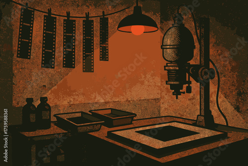 Red illustration darkroom lamp reels scene enlarger vector table vintage
