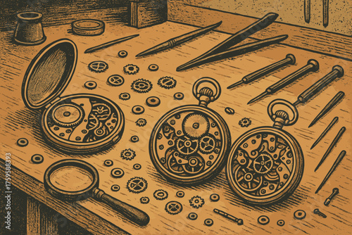 Vector gears s bench open tools illustration watches retro spread workshop clockmaker