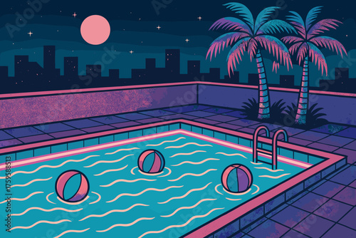 Pool glowing balls scene neon oasis illustration beach vector palm rooftop nearby