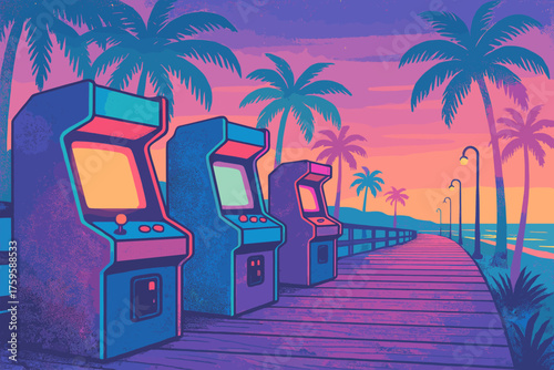 Twilight beach vector vaporwave boardwalk pastel neon glowing illustration machines behind palm