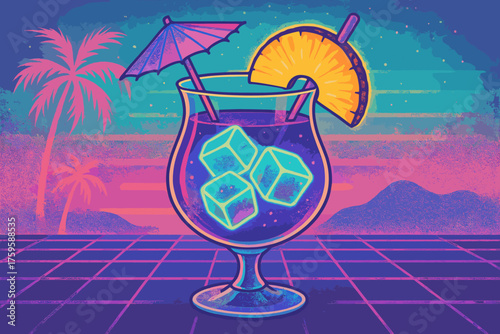 Glass cubes cocktail tropical vaporwave pastel vector still glowing life illustration