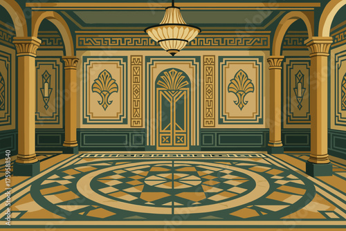 Golden interior patterned wall art marble vector illustration elegant ballroom columns deco