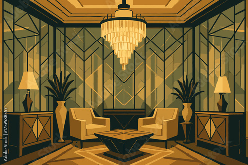 Chandelier mirrored vector stylized art geometric crystal furniture interior glamorous deco illustration
