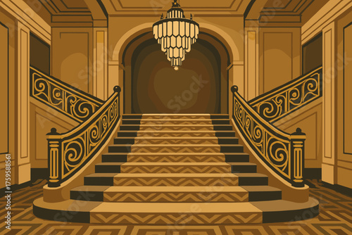 Overhead illustration chandelier grandeur golden art staircase symmetrical vector luxury steps patterned