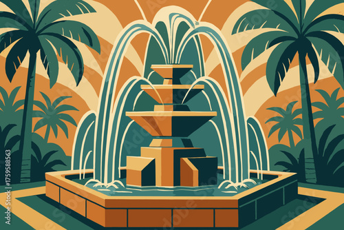 Trees elegant tiered art geometric palm stylized illustration arcs fountain framing deco