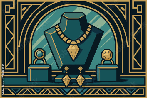 Necklace display vector faceted art jewelry elegant deco illustration mirrored decorative gemstone