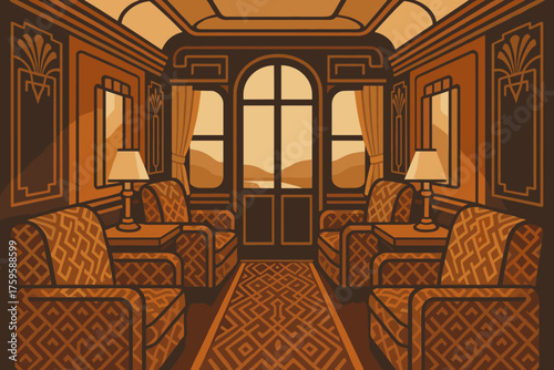 Symmetrical art train vector car brass upholstery deco tall wall illustration luxury