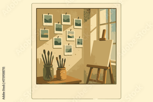Paintbrushes illustration wall jars nostalgia art vector studio pinned corner easel