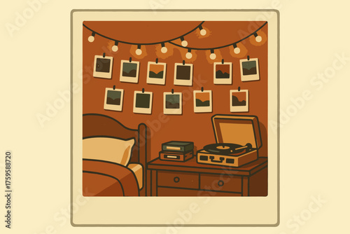 Wall above vector bedroom dresser instant illustration decorated photo fairy retro scene